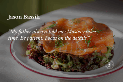 Salmon Salad and a text layer on the top : “My father always told me: Mastery takes time. Be patient. Focus on the details.”