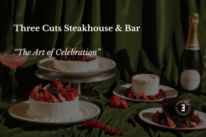 the Art of celebration at three cuts steakhouse and bar, a picture of cakes and champagne as celebration